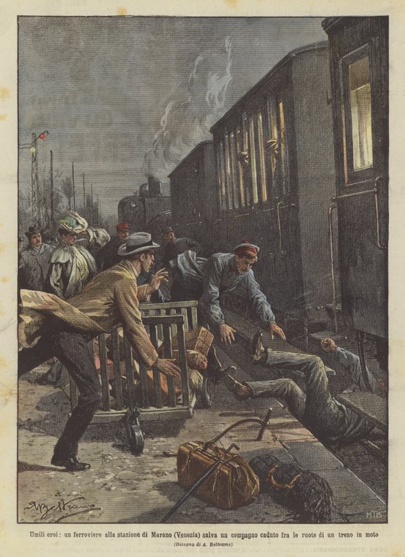 Humble Heroes, a Railway Worker at the Marano Station (Venice) Saves a Companion Who Fell Between the Wheels by Achille Beltrame