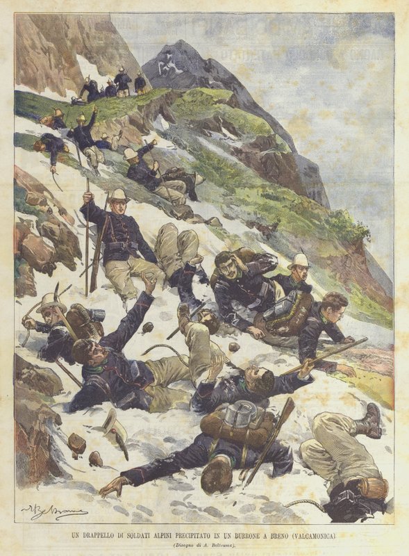 A Detachment of Alpine Soldiers Falling into a Ravine in Breno (Valcamonica) by Achille Beltrame