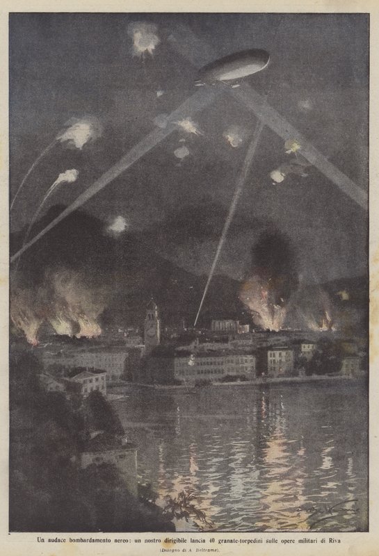 A daring aerial bombardment, our airship drops 40 grenade-torpedoes on the military works of Riva by Achille Beltrame