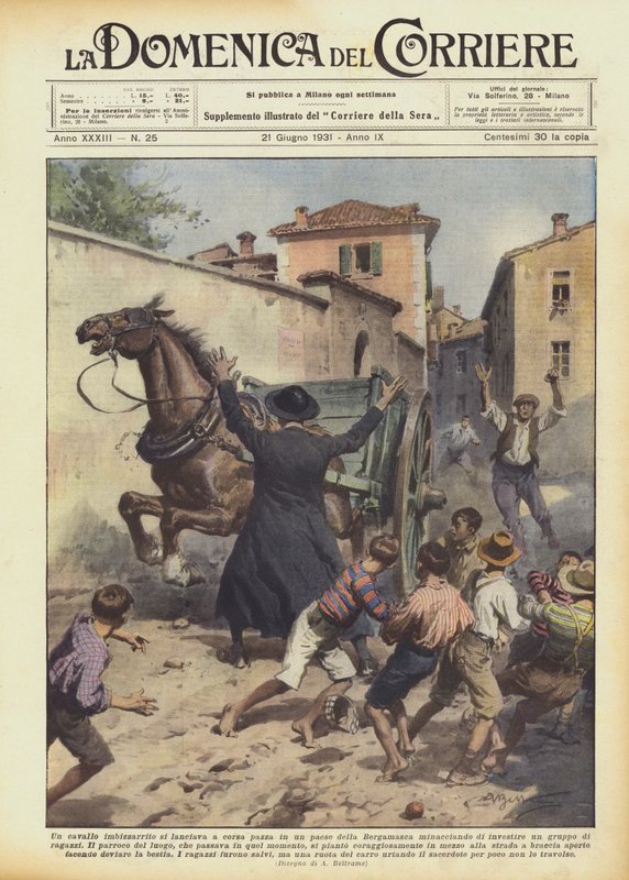 A runaway horse ran wildly through a village in Bergamasca, threatening by Achille Beltrame
