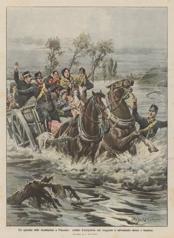 An Episode of the Floods in Piacenza, Artillery Soldiers Rescuing Women and Children by Achille Beltrame
