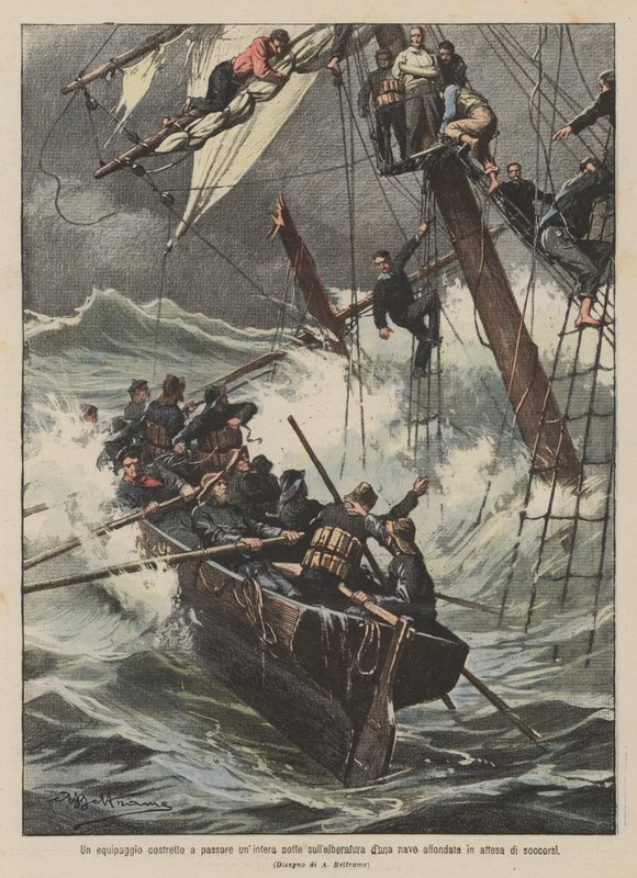 A Crew Forced to Spend an Entire Night on the Mast of a Sunken Ship Waiting for Rescue by Achille Beltrame
