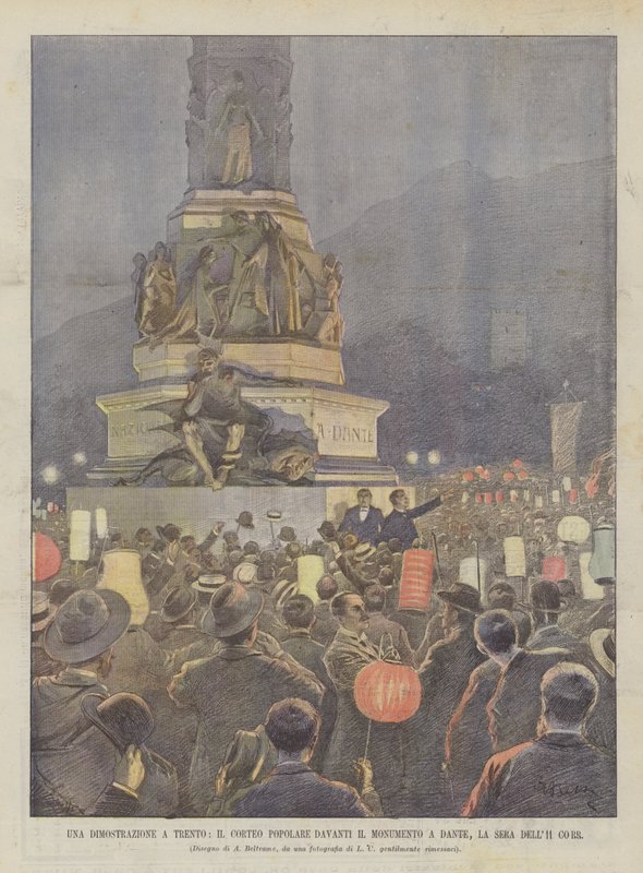 A Demonstration in Trento, The Popular Procession in Front of the Monument to Dante, on the Evening of the 11th by Achille Beltrame