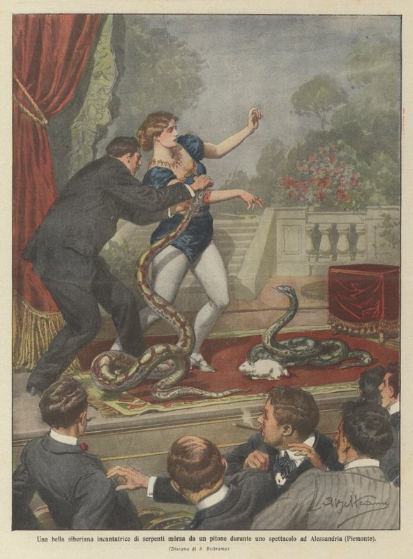 A Beautiful Siberian Snake Charmer Bitten by a Python During a Show in Alexandria (Piedmont) by Achille Beltrame