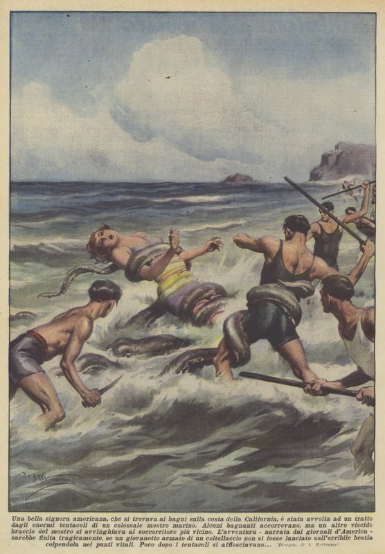 A beautiful American lady, who was at the baths on the coast of California, was enveloped by Achille Beltrame