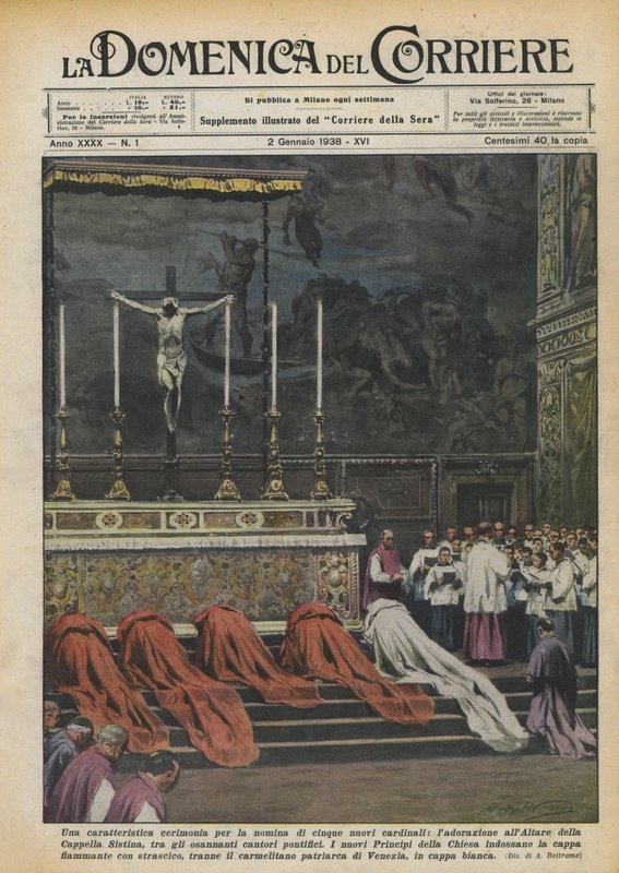 A characteristic ceremony for the appointment of five new cardinals, adoration at the altar by Achille Beltrame