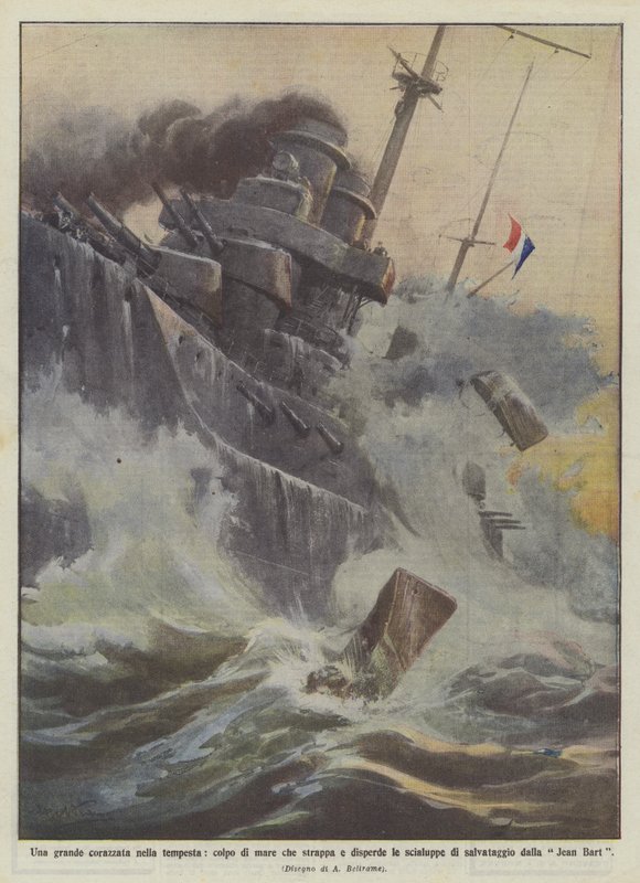 A Great Battleship in the Storm, Sea Wave Tears and Scatters the Lifeboats by Achille Beltrame