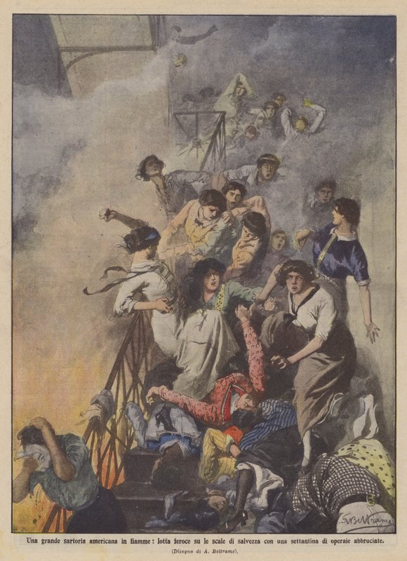 A large American tailor shop on fire, fierce struggle on the escape stairs with about seventy people by Achille Beltrame