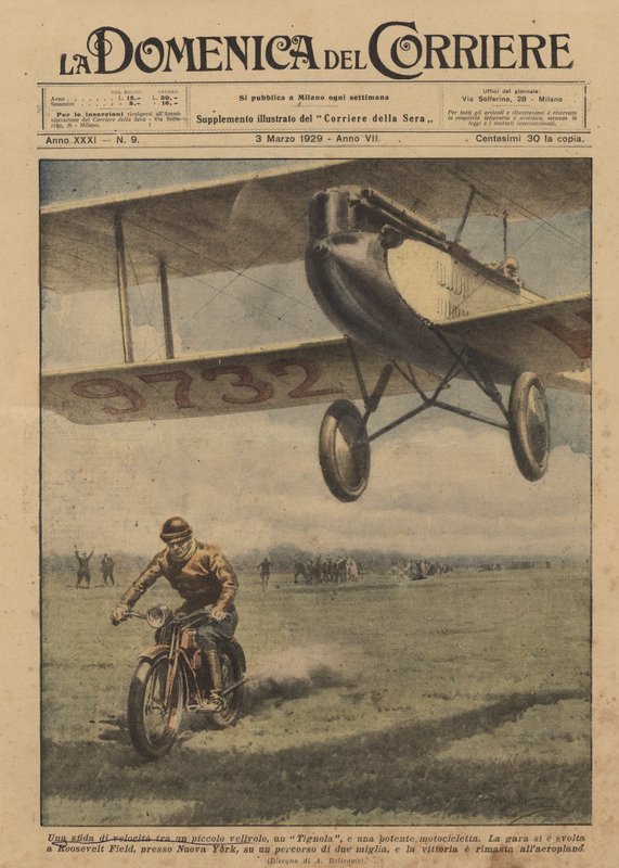 A speed challenge between a small aircraft, a Tignola, and a powerful motorcycle by Achille Beltrame