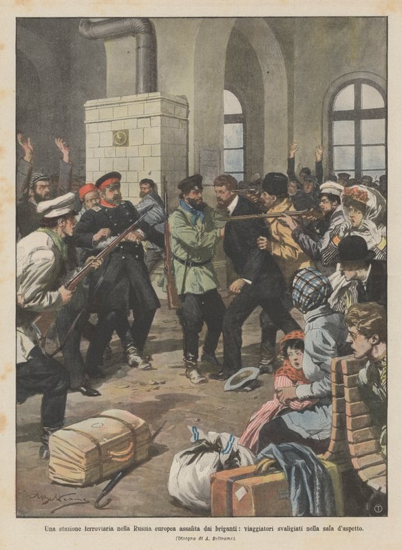 A railway station in European Russia attacked by bandits, travelers robbed in the waiting room by Achille Beltrame