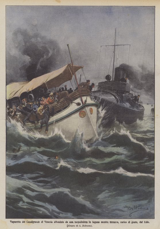 Vaporetto of the Grand Canal in Venice Sunk by a Torpedo Boat in the Lagoon While Returning by Achille Beltrame