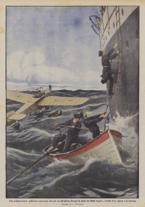 Modern Life, American Policeman Pursues a Thief at Sea with a Hydroplane by Achille Beltrame