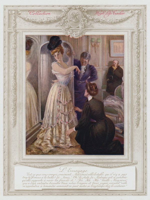 Belle Epoque Paris, Fashionable lady, trying on a dress by Albert Guillaume