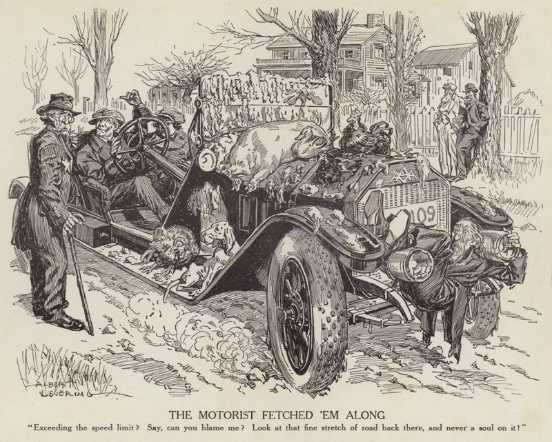 Cartoon mocking a man driving his car in excess of the speed limit by Albert Levering