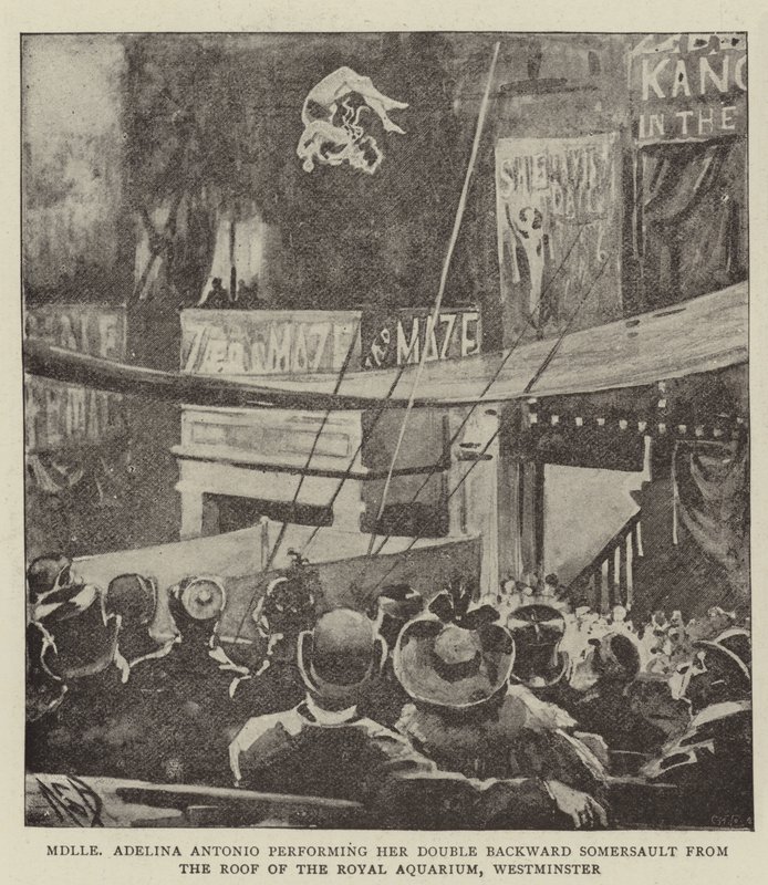 Mademoiselle Adelina Antonio performing her Double Backward Somersault from the Roof of the Royal Aquarium, Westminster by Alexander Stuart Boyd