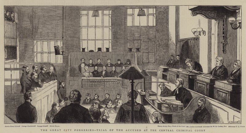 The Great City Forgeries, Trial of the Accused at the Central Criminal Court by Alfred Chantrey Corbould