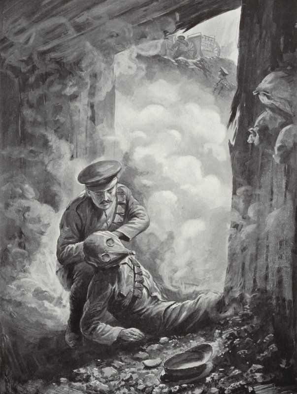 Acting Sergeant John Raynes Putting His Smoke-Helmet on Sergeant Ayres Following the Explosion of a Gas Shell, 11 October 1915 by Alfred Pearse