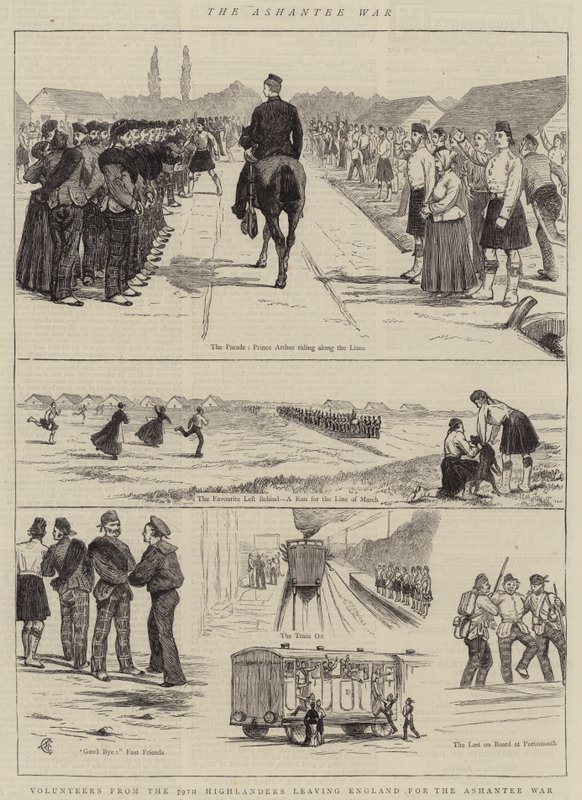 The Ashantee War, Volunteers from the 79th Highlanders Leaving England for the Ashantee War by Alfred Chantrey Corbould