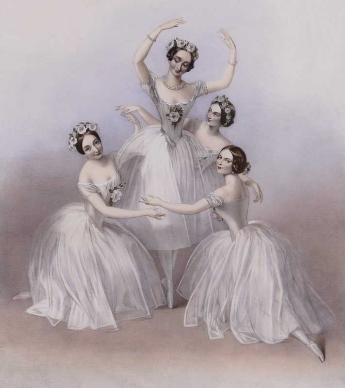The Celebrated Pas De Quatre composed by Jules Perrot, as danced at Her Majesty’s Theatre by Alfred Edward (after) Chalon