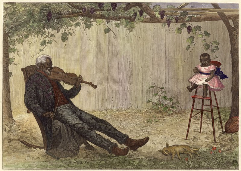 Old black man playing violin to baby by Alfred Edward (after) Emslie