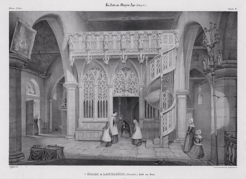 Carved wooden rood screen of the Chapel of Notre Dame de Lambader, Plouvorn, Brittany, France by Alfred Guesdon