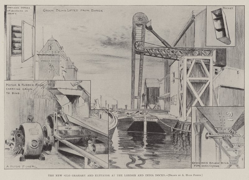 The New Silo Granary and Elevator at the London and India Docks by Alfred Hugh Fisher