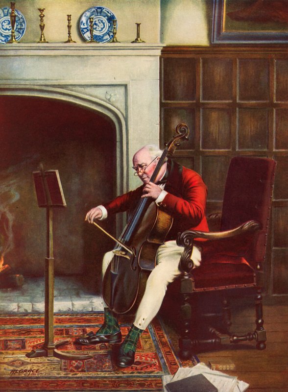 A Difficult Passage - Man Practising the Cello in Front of the Fire by Alfred Lyndon Grace