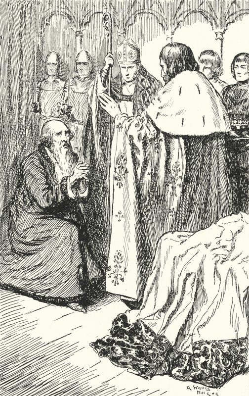 Dom Duarte, the new King of Portugal, rejecting the plea of his physician, Guedelha, that he should not be proclaimed king before noon due to an inauspicious reading of the stars, 1433 by Alfred Wallis Mills