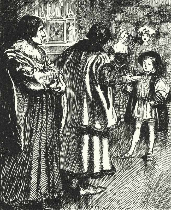 Erasmus watching Sir Thomas More presenting a poem he had written to the young Prince Henry, future King Henry VIII by Alfred Wallis Mills