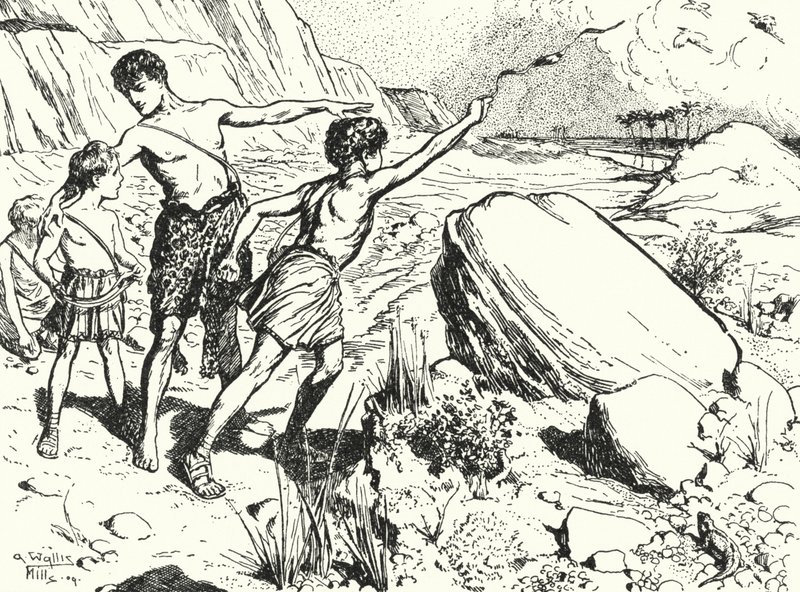 Hannibal and his brothers learning to throw stones with a sling by Alfred Wallis Mills