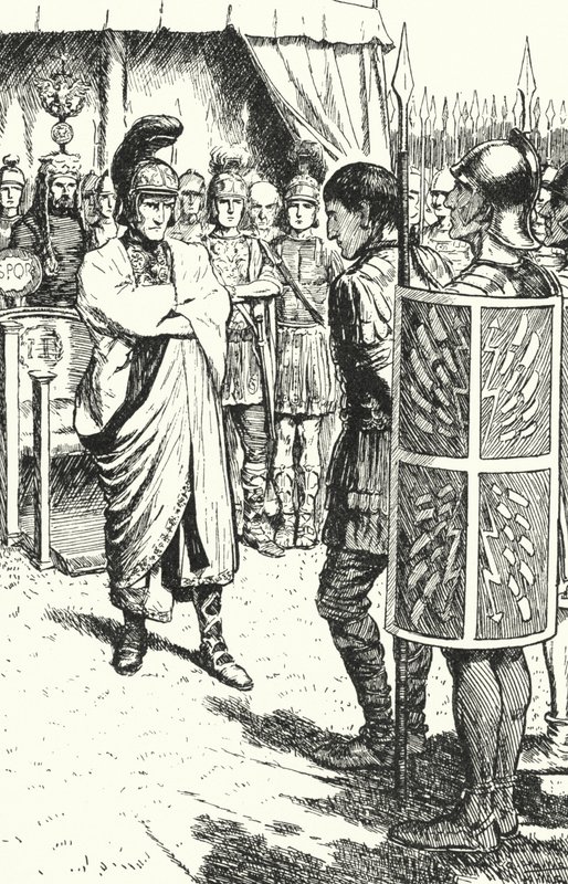 The Roman Emperor Theodosius the Great condemning Magnus Maximus to death for his part in the murder of Gratian, 388 by Alfred Wallis Mills