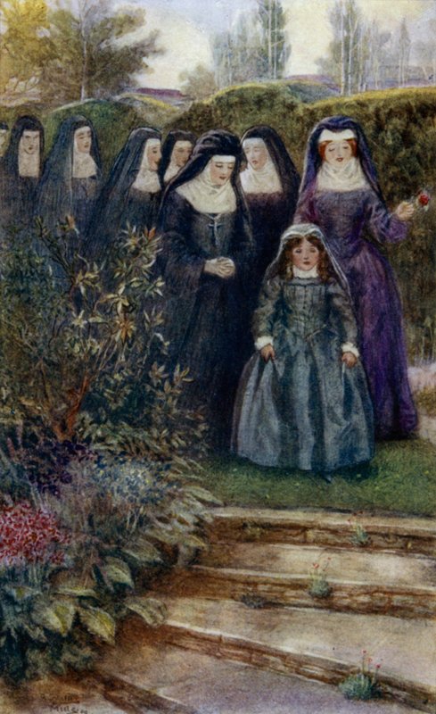 The Young Marie-Angelique Arnauld Walking in the Convent Garden with Her Nuns by Alfred Wallis Mills