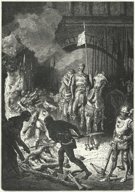 El Cid, accompanied by his wife Dona Jimena, oversees the building of the funeral pyre of Ahmed, Moorish King of Valencia by Alphonse Marie de (after) Neuville