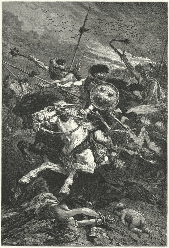 Huns charging at the Battle of Chalons, 451 by Alphonse Marie de (after) Neuville