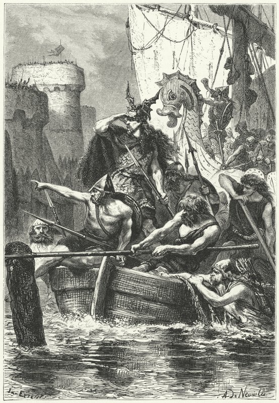 The Norman fleet attacking Paris, 885 (engraving) by Alphonse Marie de (after) Neuville