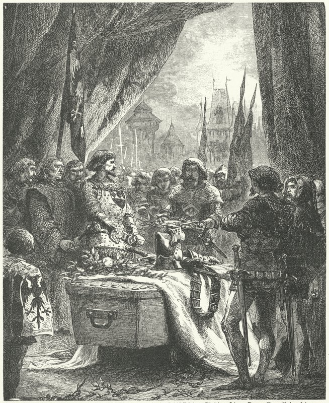 The commander of Chateauneuf de Randon laying the keys of the town on the coffin of Bertrand du Guesclin by Alphonse Marie de (after) Neuville