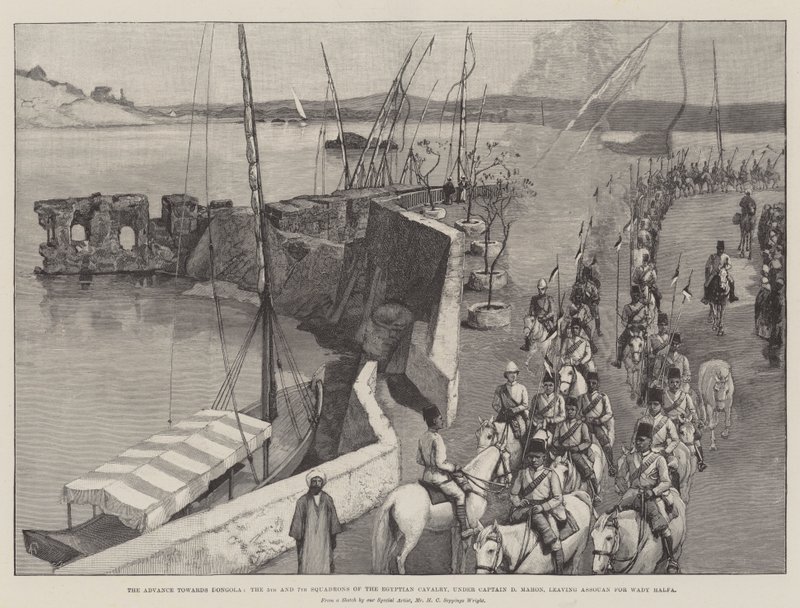 The Advance towards Dongola, the 5th and 7th Squadrons of the Egyptian Cavalry, under Captain D Mahon, leaving Assouan for Wady Halfa by Amedee Forestier
