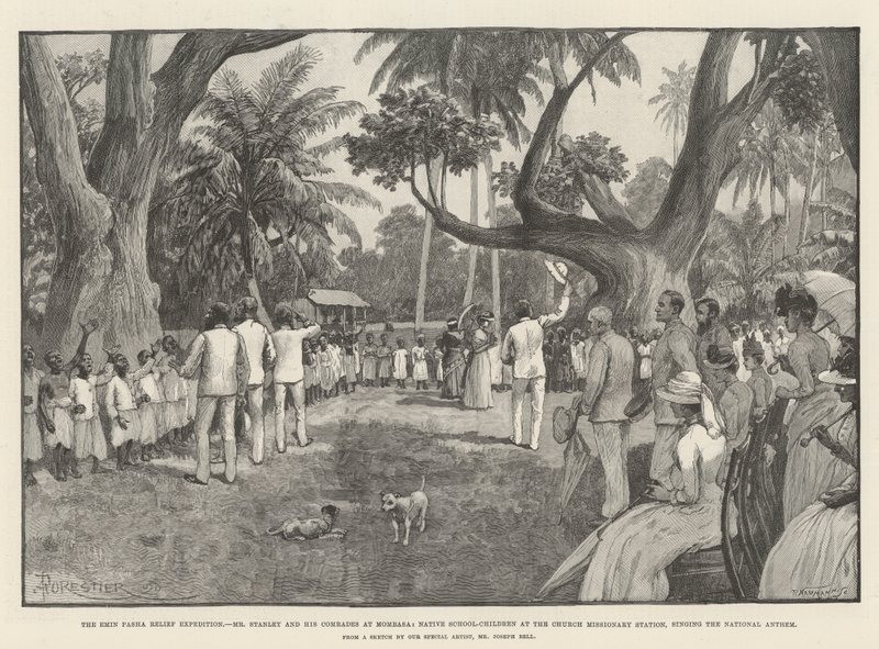 The Emin Pasha Relief Expedition, Mr Stanley and His Comrades at Mombasa, Native School-Children at the Church Missionary Station, Singing the National Anthem by Amedee Forestier