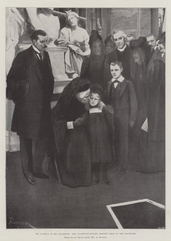 The Funeral of Mr Gladstone, Mrs Gladstone Kissing Dorothy Drew at the Graveside by Amedee Forestier