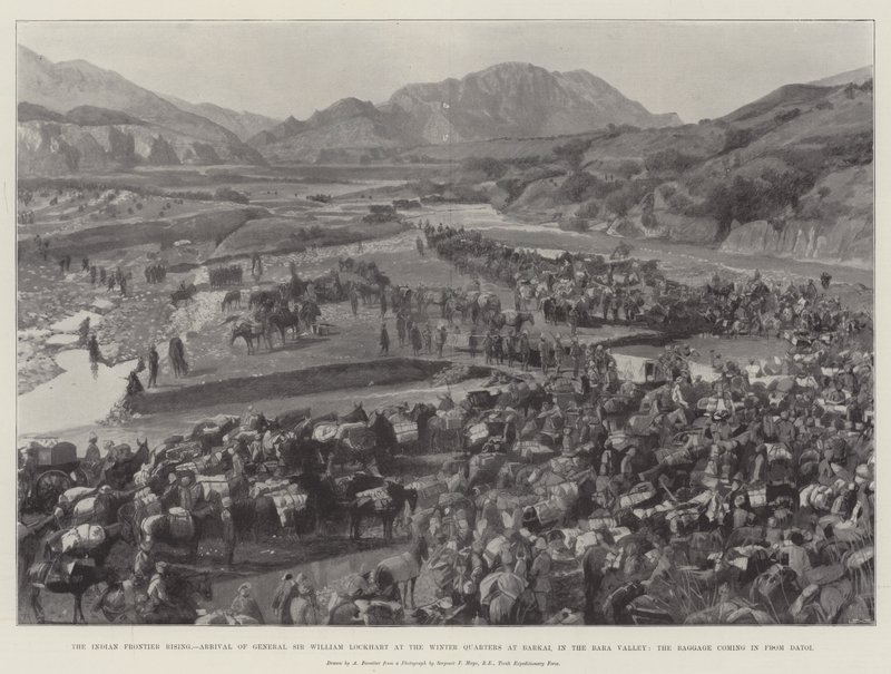 The Indian Frontier Rising, Arrival of General Sir William Lockhart at the Winter Quarters at Barkai, in the Bara Valley, the Baggage Coming in from Datoi by Amedee Forestier