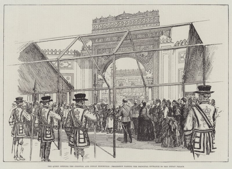 The Queen Opening the Colonial and Indian Exhibition, Procession Passing the Principal Entrance to the Indian Palace by Amedee Forestier