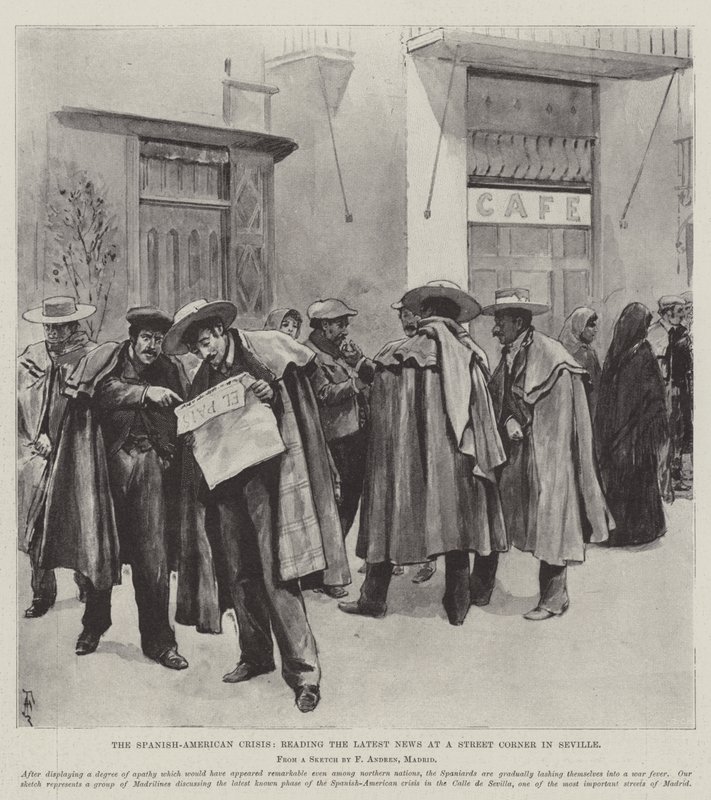 The Spanish-American Crisis, Reading the Latest News at a Street Corner in Seville by Amedee Forestier