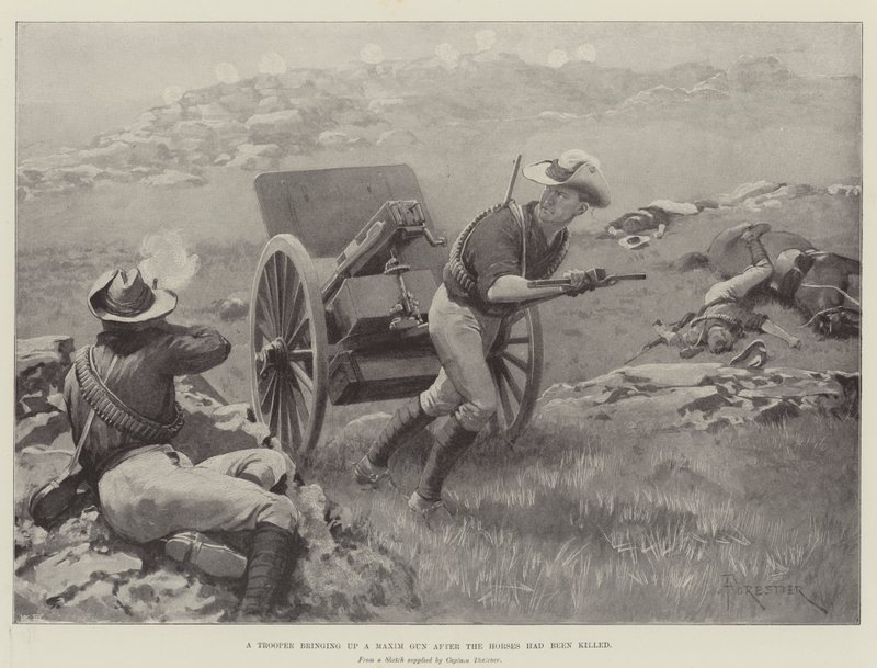 A Trooper bringing up a Maxim Gun after the Horses had been killed by Amedee Forestier