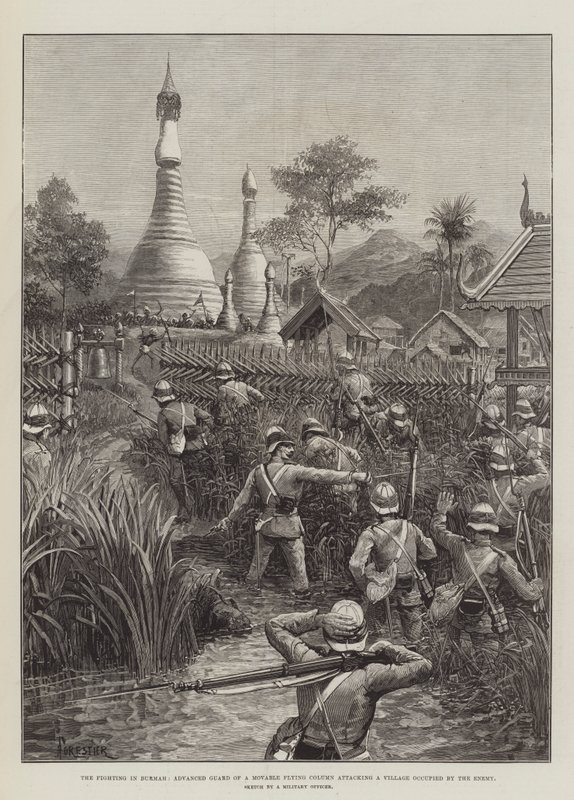 The Fighting in Burmah, Advanced Guard of a Movable Flying Column attacking a Village occupied by the Enemy by Amedee Forestier