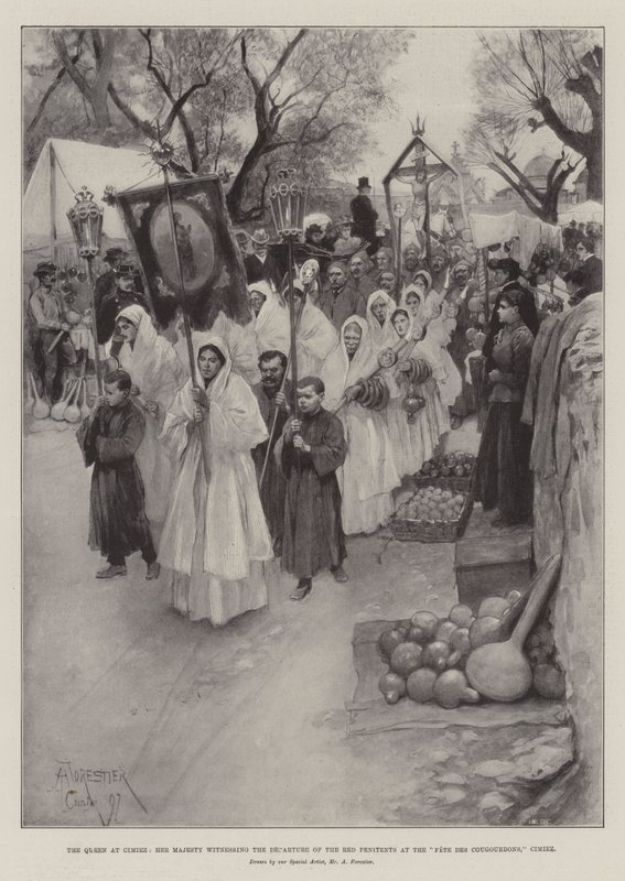 The Queen at Cimiez, Her Majesty Witnessing the Departure of the Red Penitents at the Fete des Cougourdons, Cimiez by Amedee Forestier