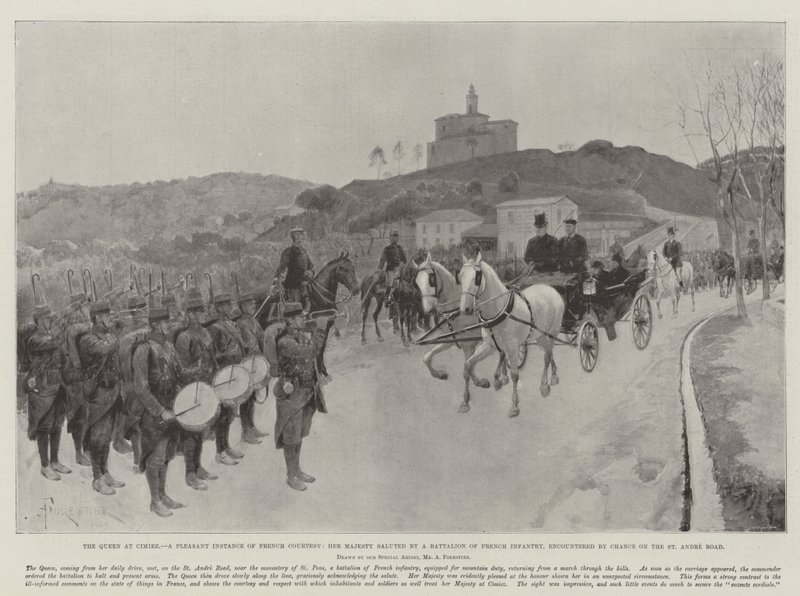 The Queen at Cimiez, a Pleasant Instance of French Courtesy, Her Majesty saluted by a Battalion of French Infantry, encountered by chance on the St Andre Road by Amedee Forestier