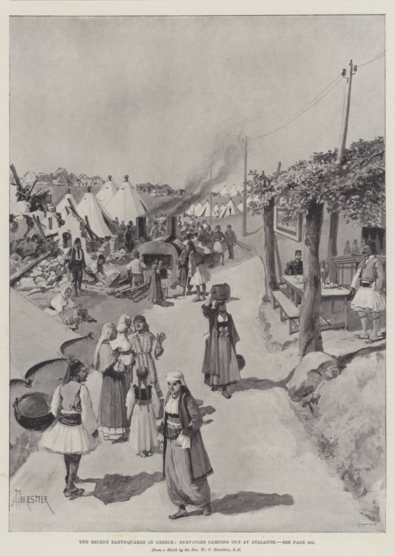 The Recent Earthquakes in Greece, Survivors camping out at Atalante by Amedee Forestier