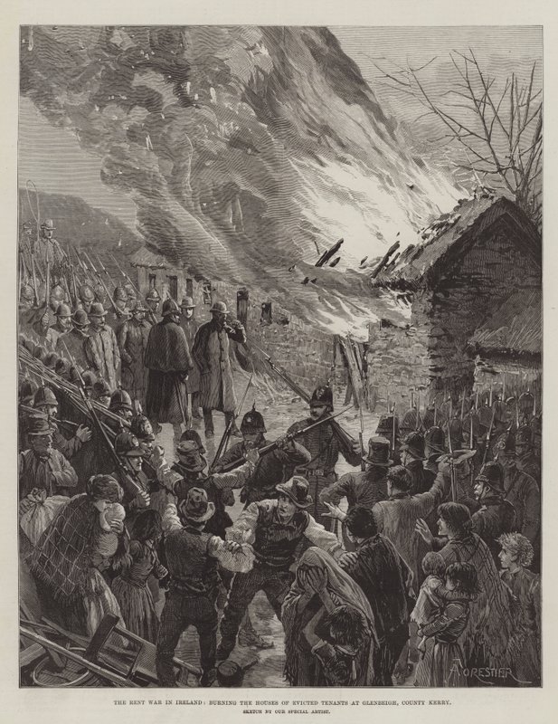 The Rent War in Ireland, Burning the Houses of Evicted Tenants at Glenbeigh, County Kerry by Amedee Forestier