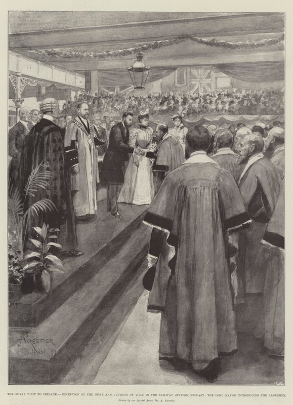 The Royal Visit to Ireland, Reception of the Duke and Duchess of York in the Railway Station, Belfast, the Lord Mayor introducing the Aldermen by Amedee Forestier