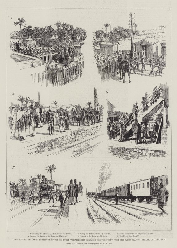The Soudan Advance, Departure of the 6th Royal Warwickshire Regiment for the Front from Sidi-Gaber Station, Ramleh, on 9 January by Amedee Forestier